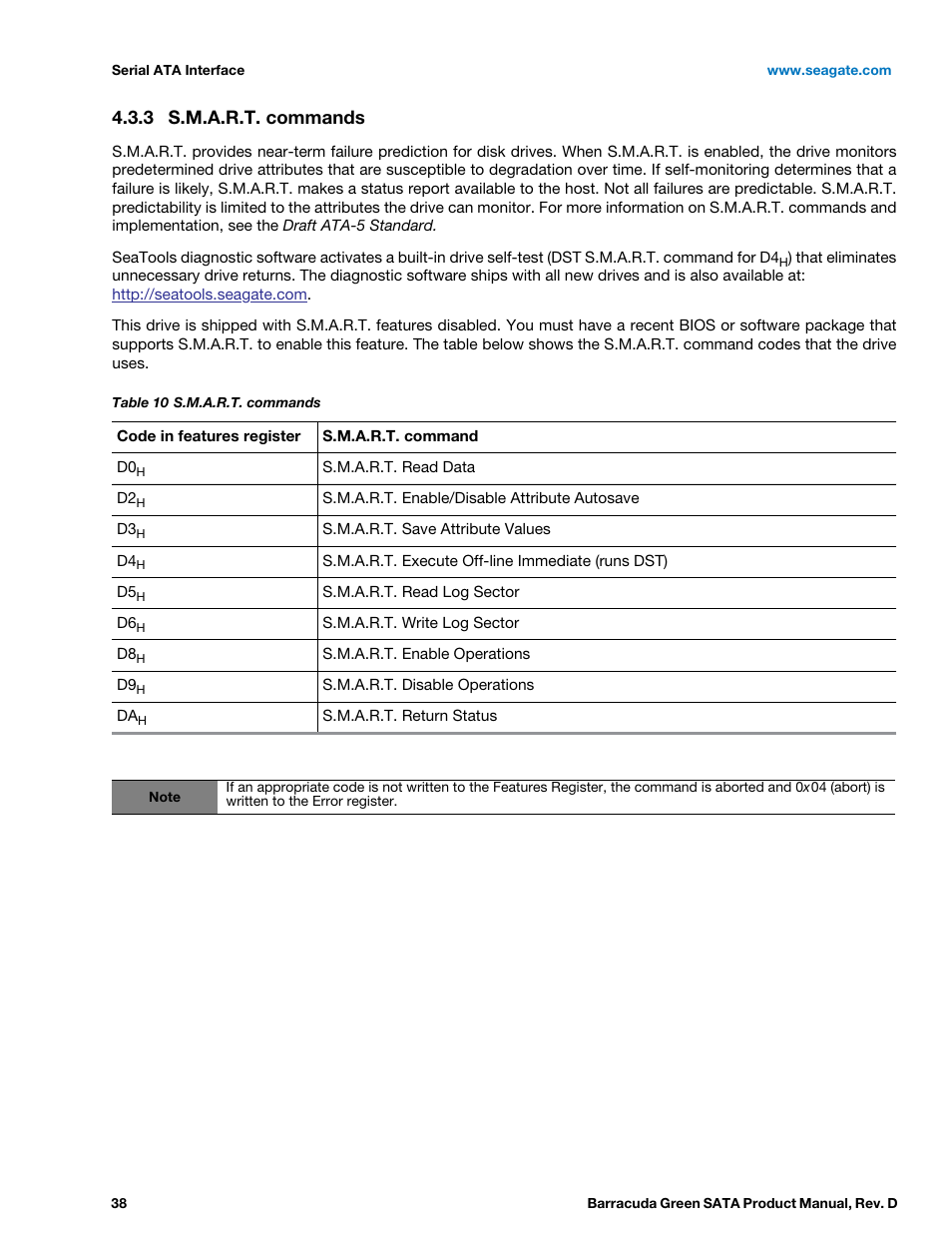 3 s.m.a.r.t. commands, S.m.a.r.t. commands | Seagate BARRACUDA ST1500DL003 User Manual | Page 38 / 46