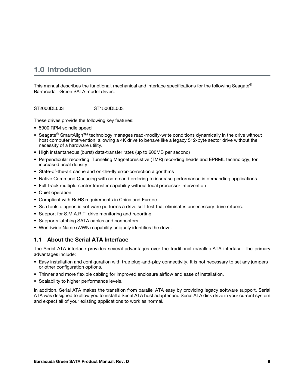 0 introduction, 1 about the serial ata interface, Introduction | About the serial ata interface | Seagate BARRACUDA ST1500DL003 User Manual | Page 9 / 46