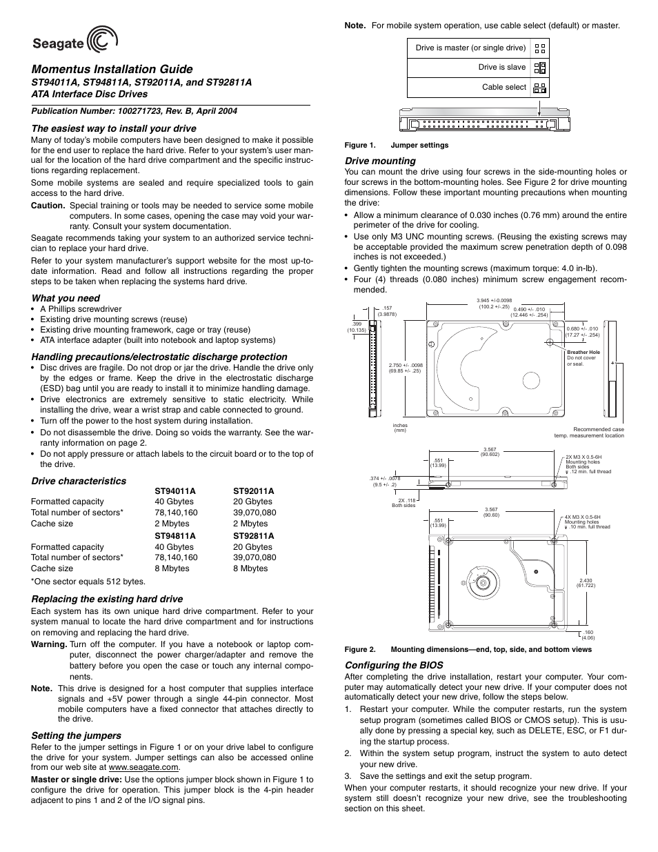 Seagate ATA Interface Disc Drives ST94011A User Manual | 2 pages