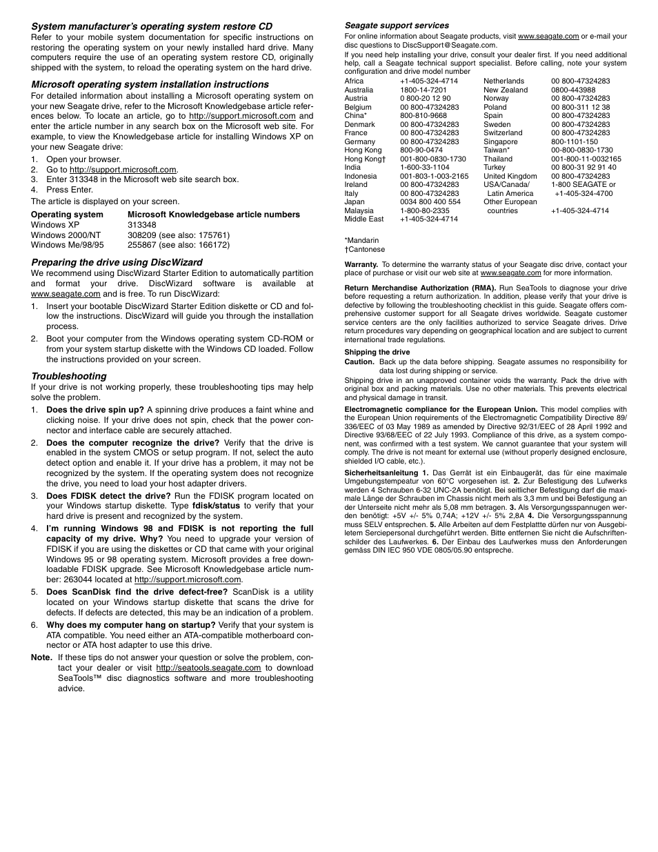 System manufacturer’s operating system restore cd, Preparing the drive using discwizard, Troubleshooting | Seagate support services | Seagate ATA Interface Disc Drives ST94011A User Manual | Page 2 / 2