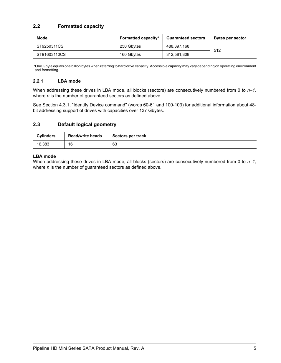 2 formatted capacity, 1 lba mode, 3 default logical geometry | Seagate Pipeline HD Mini Series SATA ST9250311CS User Manual | Page 11 / 48