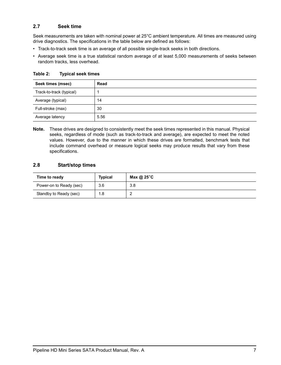 7 seek time, 8 start/stop times | Seagate Pipeline HD Mini Series SATA ST9250311CS User Manual | Page 13 / 48