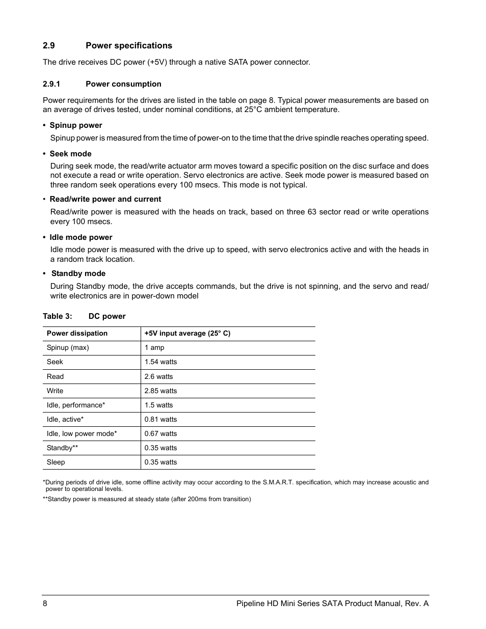 9 power specifications, 1 power consumption | Seagate Pipeline HD Mini Series SATA ST9250311CS User Manual | Page 14 / 48
