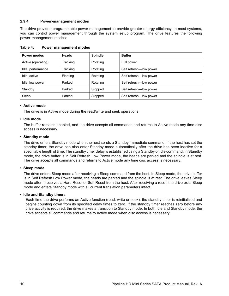 4 power-management modes | Seagate Pipeline HD Mini Series SATA ST9250311CS User Manual | Page 16 / 48