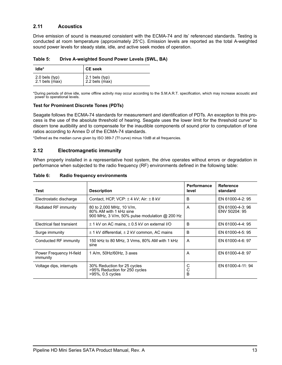 11 acoustics, 12 electromagnetic immunity | Seagate Pipeline HD Mini Series SATA ST9250311CS User Manual | Page 19 / 48