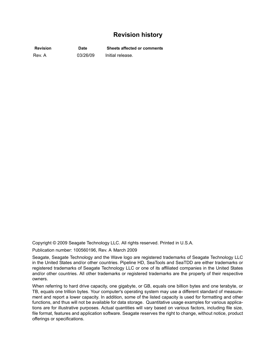 Revision history | Seagate Pipeline HD Mini Series SATA ST9250311CS User Manual | Page 2 / 48