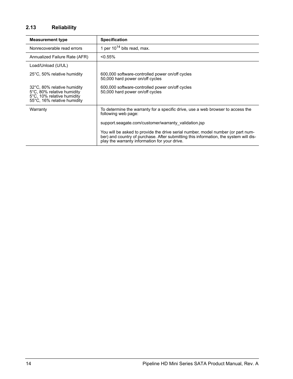 13 reliability | Seagate Pipeline HD Mini Series SATA ST9250311CS User Manual | Page 20 / 48