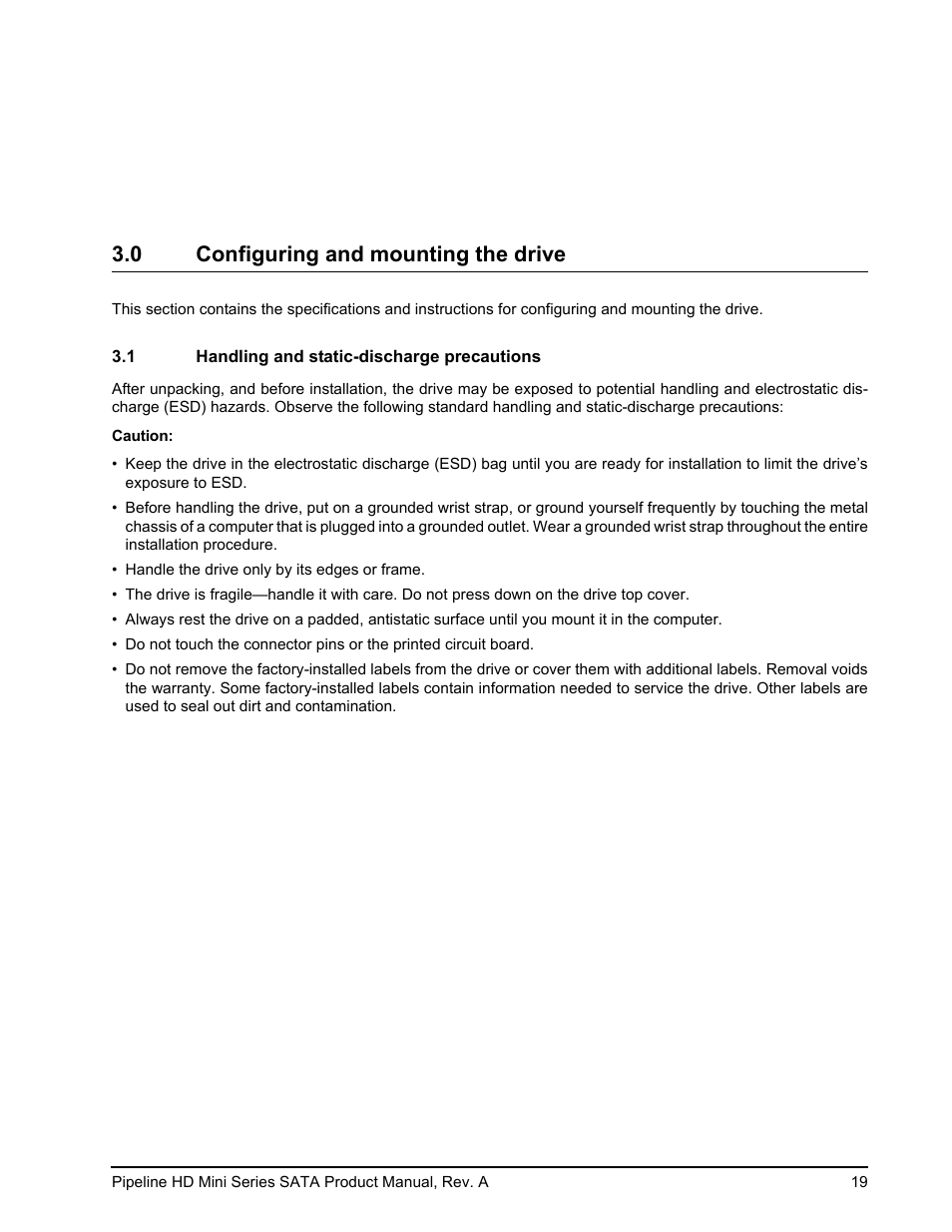 0 configuring and mounting the drive, 1 handling and static-discharge precautions | Seagate Pipeline HD Mini Series SATA ST9250311CS User Manual | Page 25 / 48