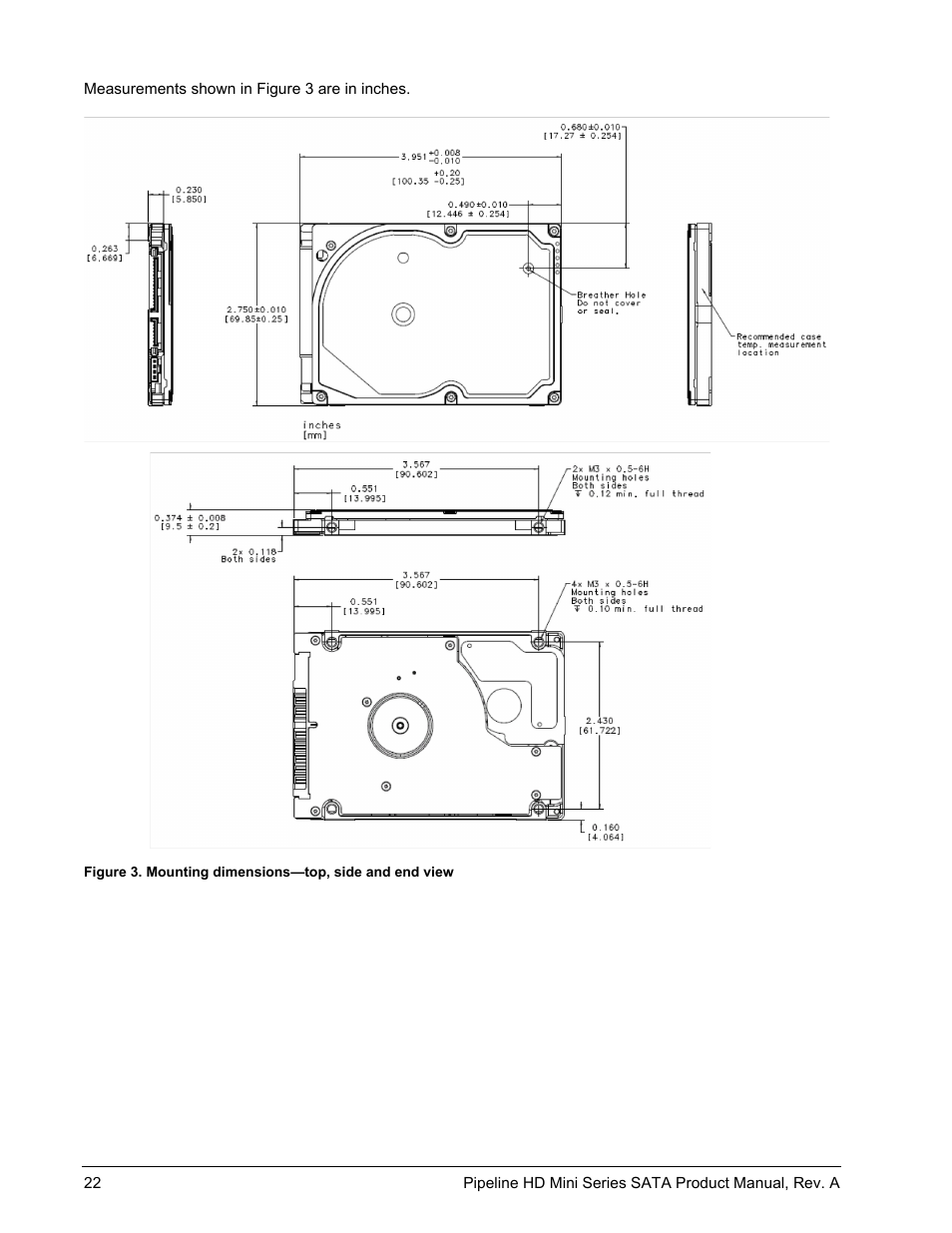 Mounting dimensions—top, side and end view | Seagate Pipeline HD Mini Series SATA ST9250311CS User Manual | Page 28 / 48