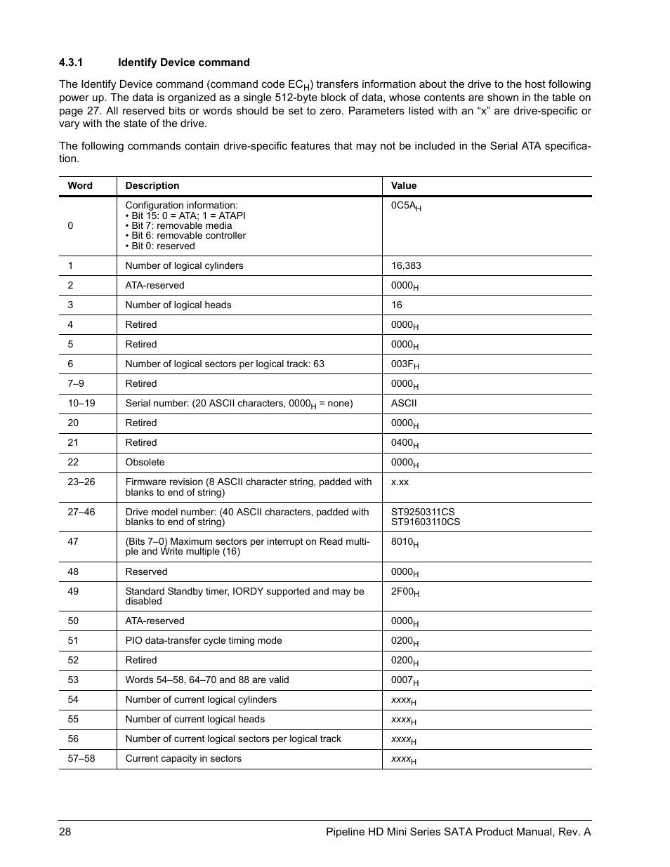 1 identify device command | Seagate Pipeline HD Mini Series SATA ST9250311CS User Manual | Page 34 / 48