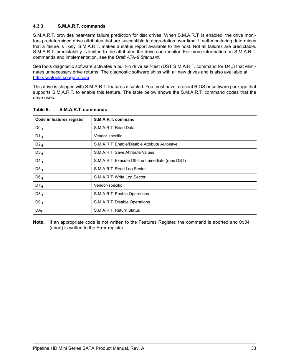 3 s.m.a.r.t. commands | Seagate Pipeline HD Mini Series SATA ST9250311CS User Manual | Page 39 / 48