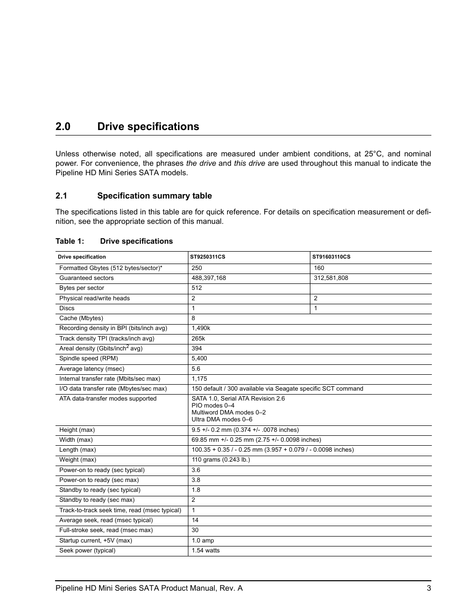 0 drive specifications, 1 specification summary table | Seagate Pipeline HD Mini Series SATA ST9250311CS User Manual | Page 9 / 48
