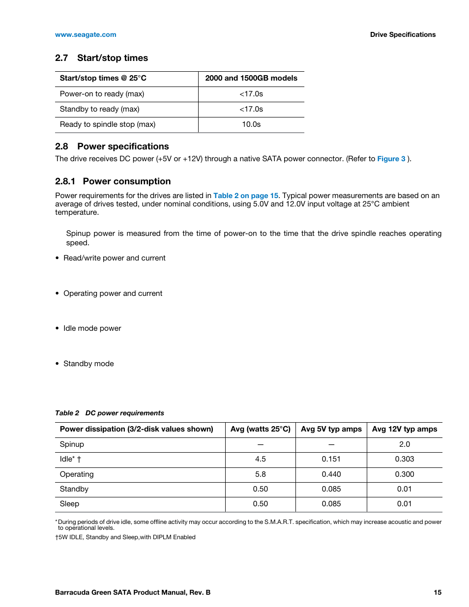 7 start/stop times, 8 power specifications, 1 power consumption | Start/stop times, Power specifications 2.8.1, Power consumption | Seagate BARRACUDA GREEN ST2000DL003 User Manual | Page 15 / 42