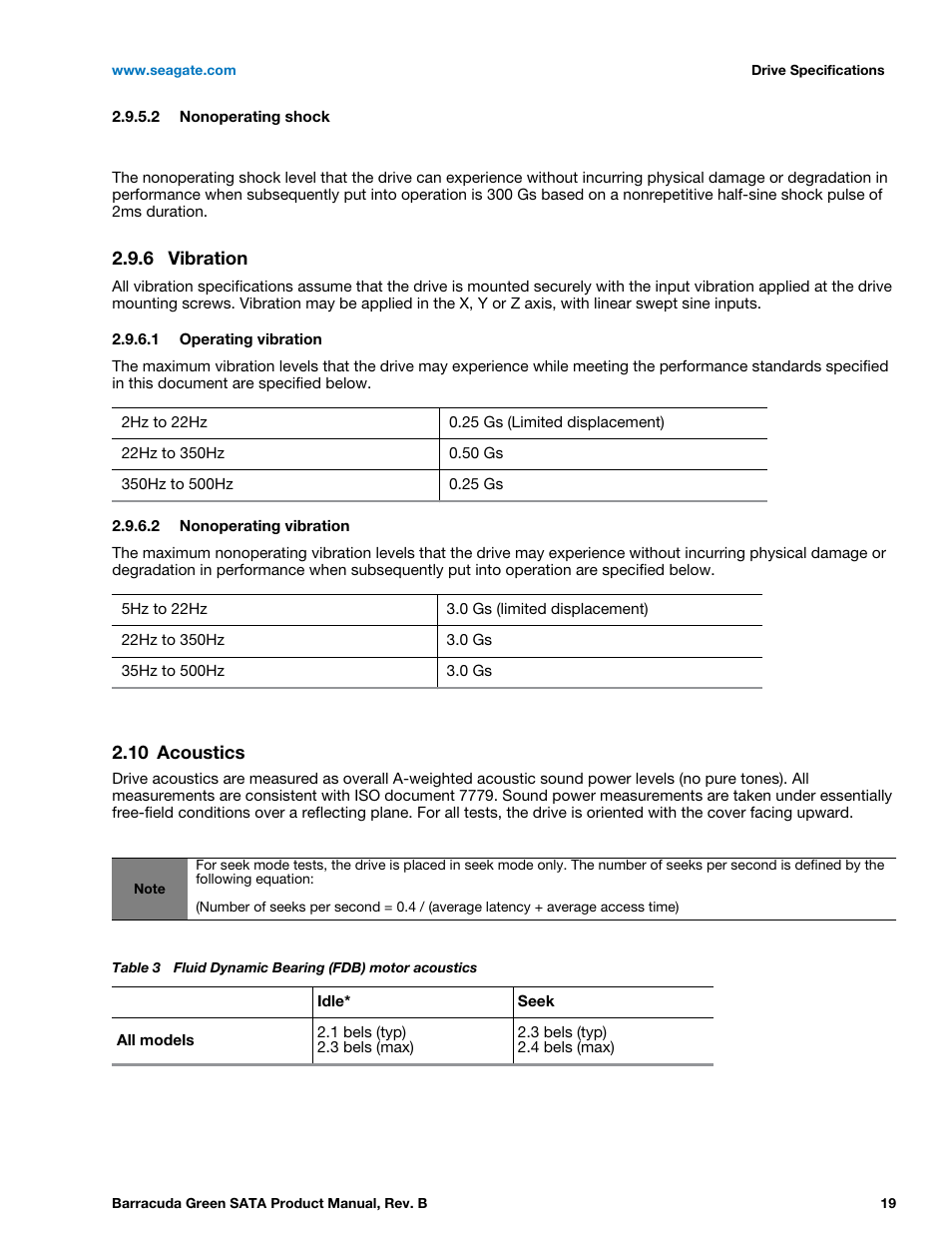6 vibration, 10 acoustics, Vibration | Acoustics | Seagate BARRACUDA GREEN ST2000DL003 User Manual | Page 19 / 42