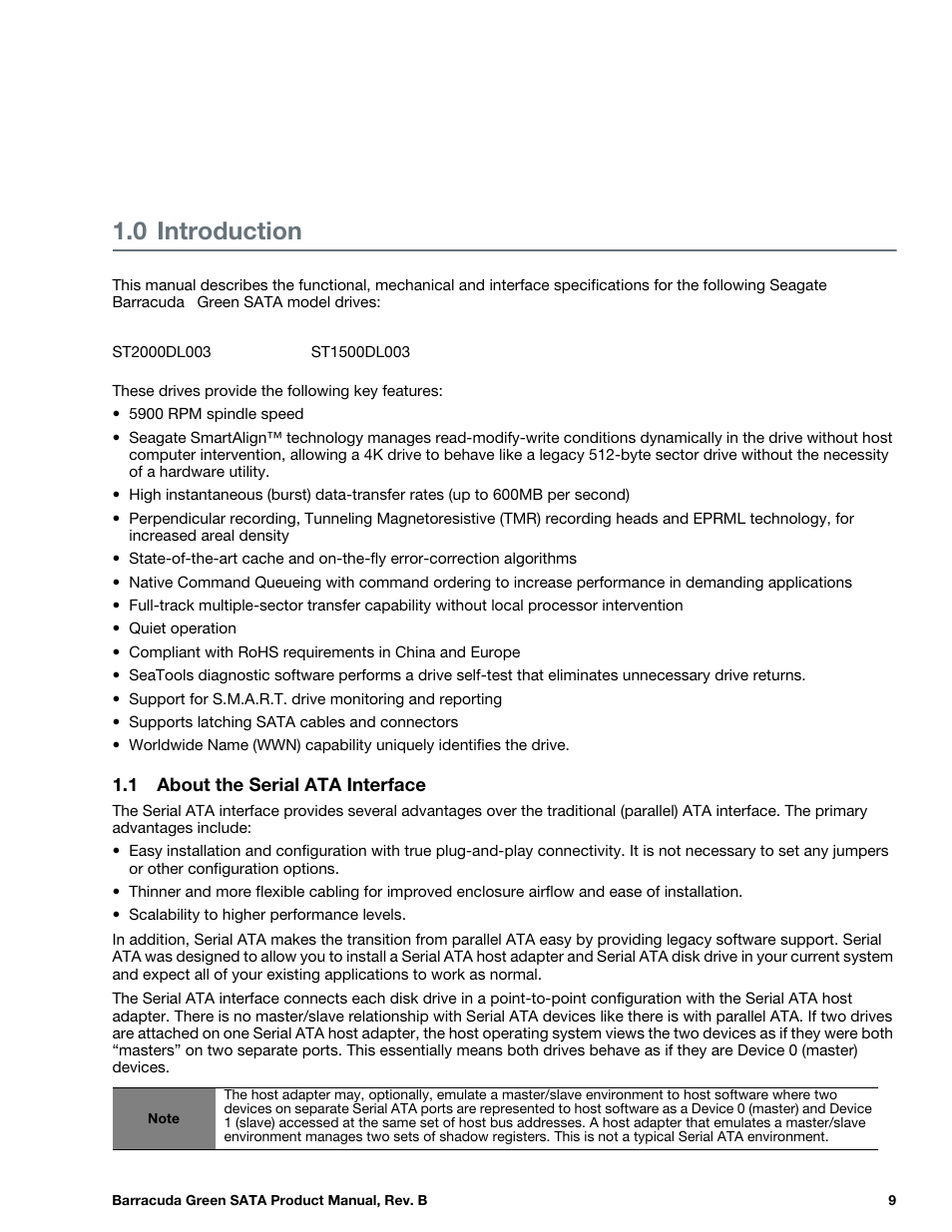 0 introduction, 1 about the serial ata interface, Introduction | About the serial ata interface | Seagate BARRACUDA GREEN ST2000DL003 User Manual | Page 9 / 42