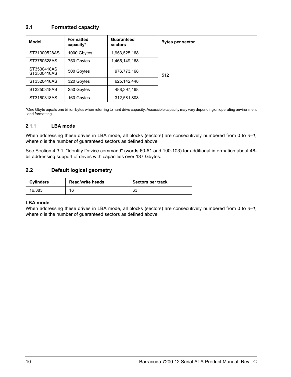 1 formatted capacity, 1 lba mode, 2 default logical geometry | Formatted capacity 2.1.1, Lba mode, Default logical geometry | Seagate BARRACUDA ST3750528AS User Manual | Page 18 / 50
