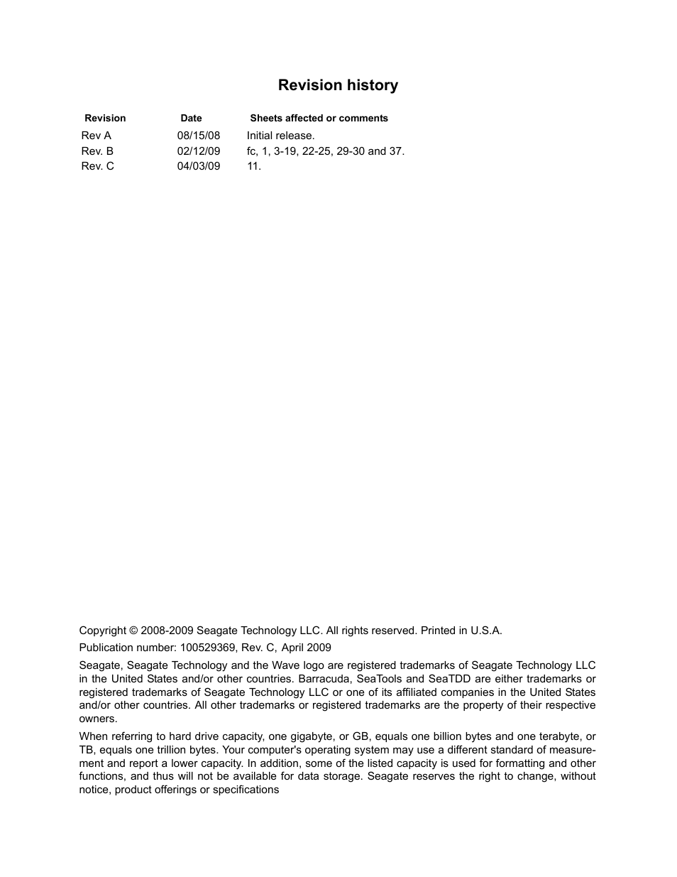 Revision history | Seagate BARRACUDA ST3750528AS User Manual | Page 2 / 50