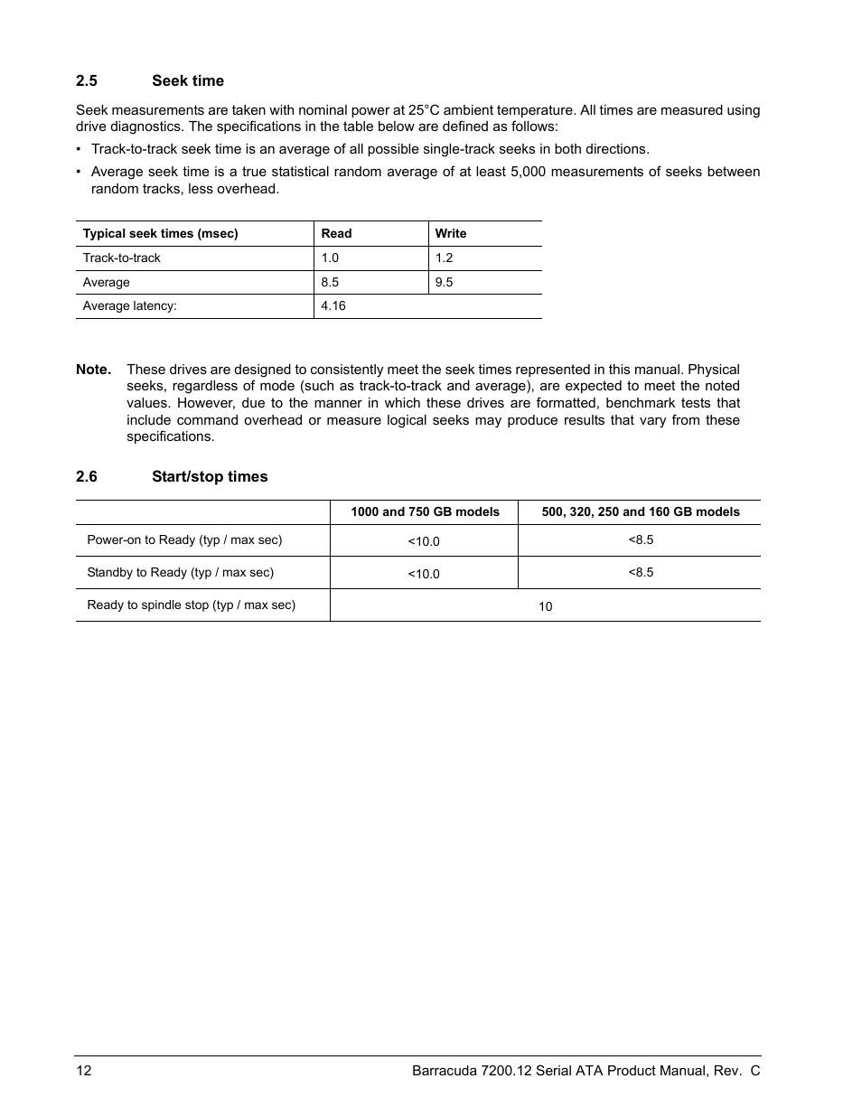 5 seek time, 6 start/stop times, Seek time | Start/stop times | Seagate BARRACUDA ST3750528AS User Manual | Page 20 / 50