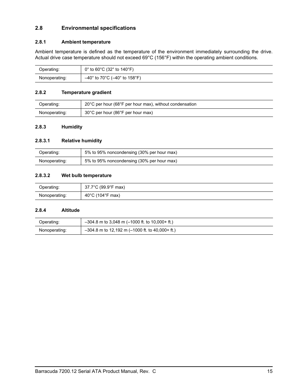 8 environmental specifications, 1 ambient temperature, 2 temperature gradient | 3 humidity, 1 relative humidity, 2 wet bulb temperature, 4 altitude, Environmental specifications 2.8.1, Ambient temperature, Temperature gradient | Seagate BARRACUDA ST3750528AS User Manual | Page 23 / 50