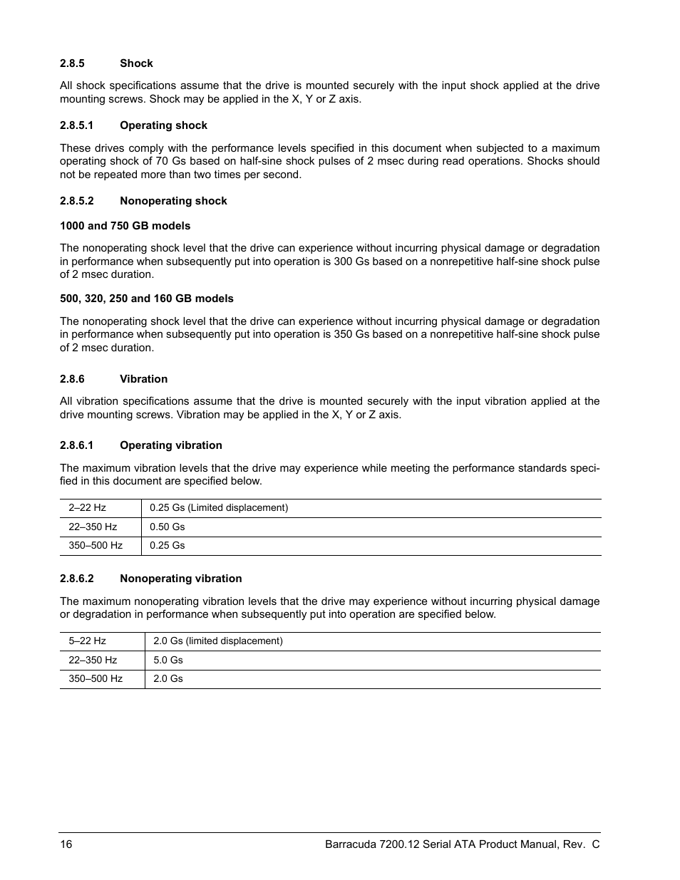 5 shock, 1 operating shock, 2 nonoperating shock | 6 vibration, 1 operating vibration, 2 nonoperating vibration, Shock, Vibration | Seagate BARRACUDA ST3750528AS User Manual | Page 24 / 50