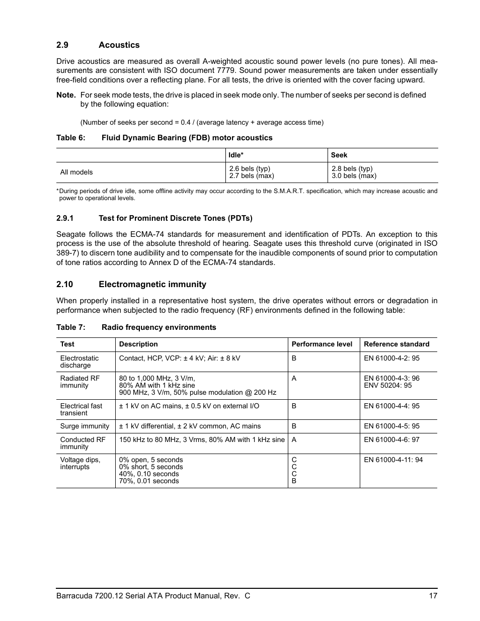 9 acoustics, 1 test for prominent discrete tones (pdts), 10 electromagnetic immunity | Acoustics 2.9.1, Test for prominent discrete tones (pdts), Electromagnetic immunity | Seagate BARRACUDA ST3750528AS User Manual | Page 25 / 50