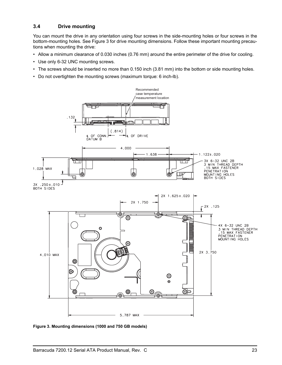 4 drive mounting, Drive mounting, Figure 3 | Mounting dimensions (1000 and 750 gb models) | Seagate BARRACUDA ST3750528AS User Manual | Page 31 / 50