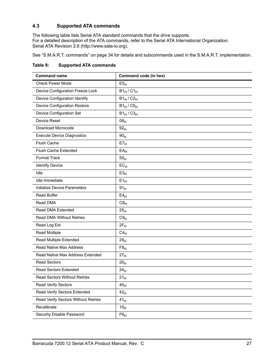 3 supported ata commands, Supported ata commands | Seagate BARRACUDA ST3750528AS User Manual | Page 35 / 50