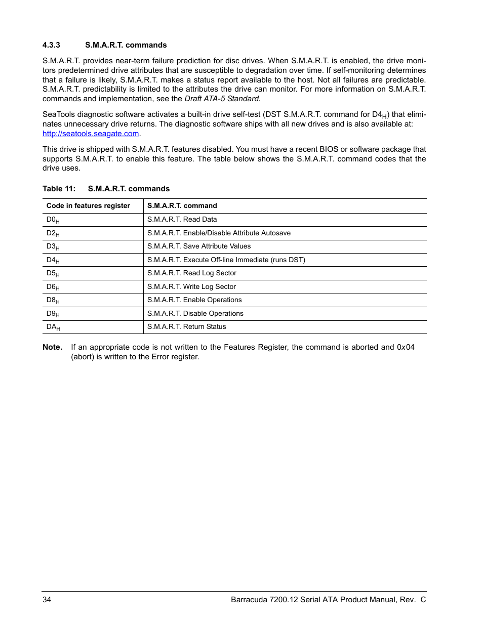 3 s.m.a.r.t. commands, S.m.a.r.t. commands | Seagate BARRACUDA ST3750528AS User Manual | Page 42 / 50