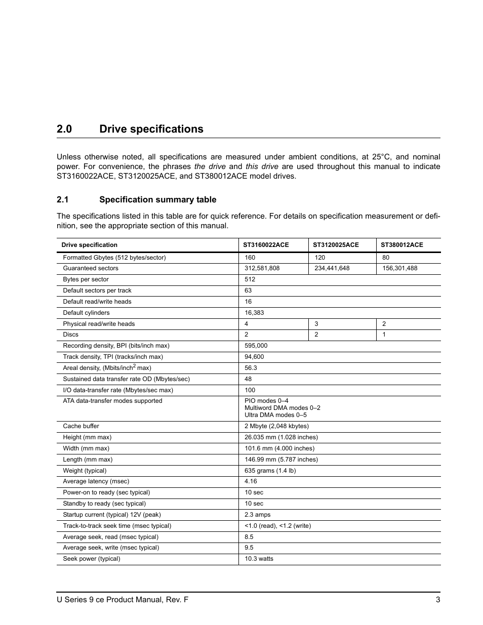 0 drive specifications, 1 specification summary table, Drive specifications 2.1 | Specification summary table | Seagate U Series 9 CE User Manual | Page 13 / 52