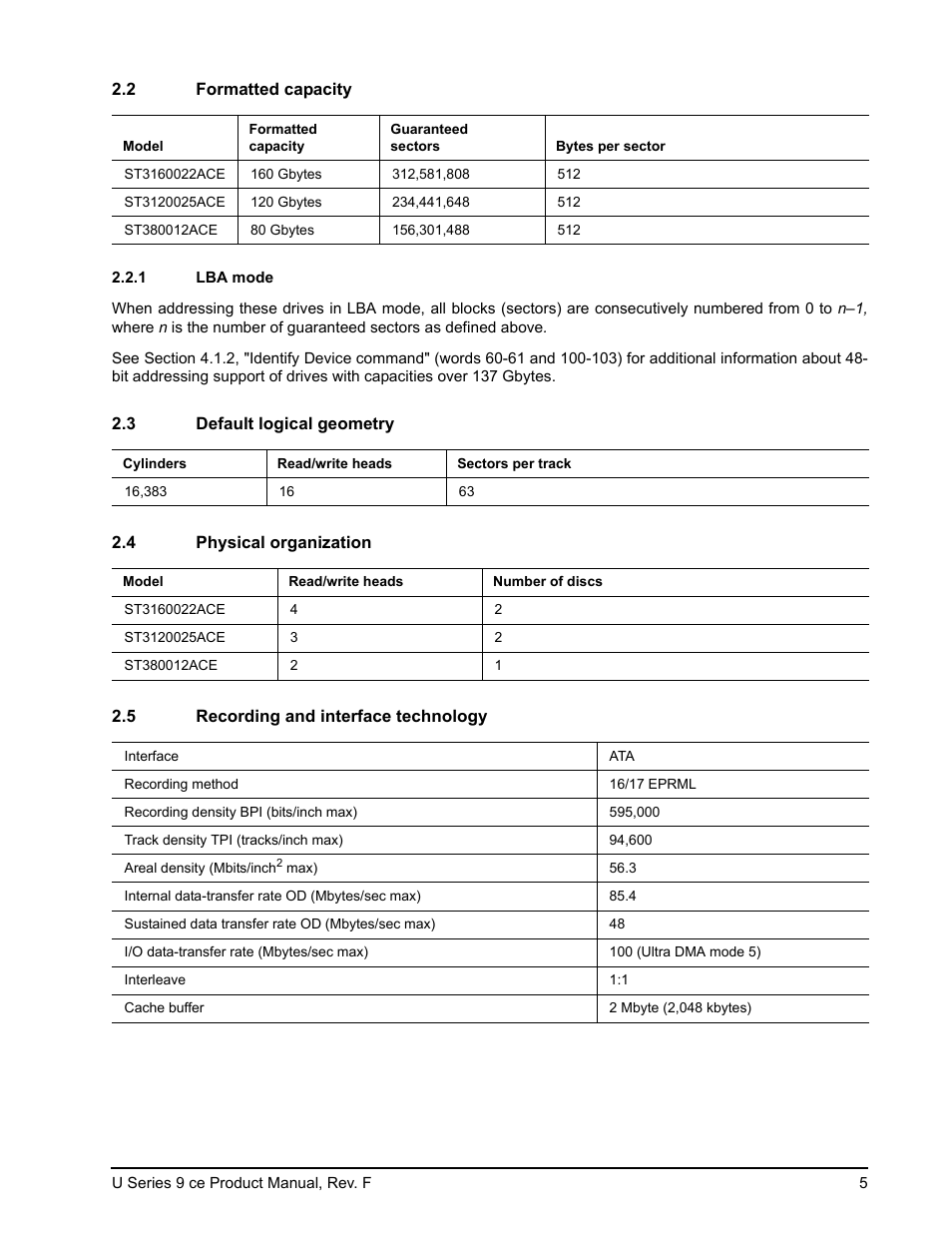 2 formatted capacity, 1 lba mode, 3 default logical geometry | 4 physical organization, 5 recording and interface technology, Formatted capacity 2.2.1, Lba mode, Default logical geometry, Physical organization, Recording and interface technology | Seagate U Series 9 CE User Manual | Page 15 / 52