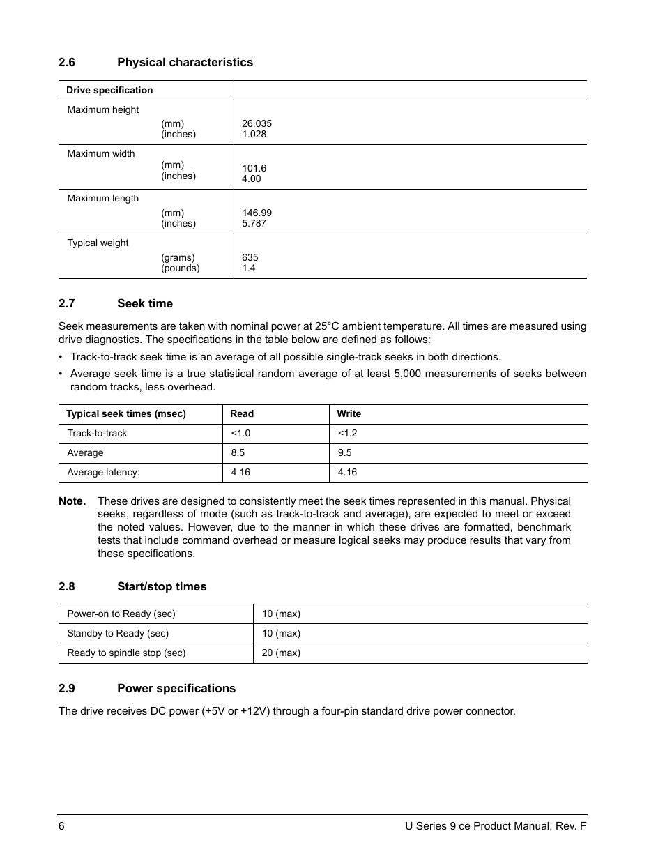 6 physical characteristics, 7 seek time, 8 start/stop times | 9 power specifications, Physical characteristics, Seek time, Start/stop times, Power specifications | Seagate U Series 9 CE User Manual | Page 16 / 52