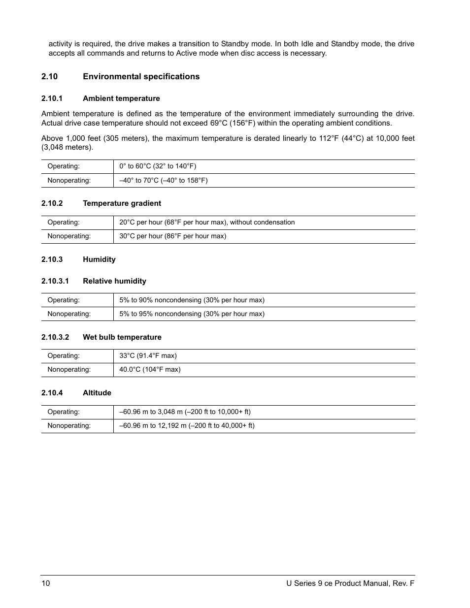 10 environmental specifications, 1 ambient temperature, 2 temperature gradient | 3 humidity, 1 relative humidity, 2 wet bulb temperature, 4 altitude, Environmental specifications 2.10.1, Ambient temperature, Temperature gradient | Seagate U Series 9 CE User Manual | Page 20 / 52