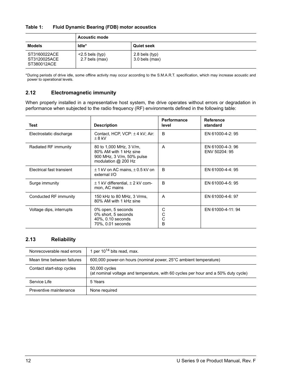 12 electromagnetic immunity, 13 reliability, Electromagnetic immunity | Reliability | Seagate U Series 9 CE User Manual | Page 22 / 52