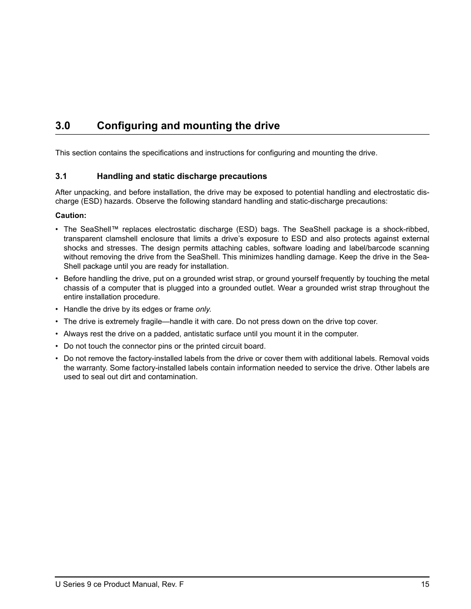0 configuring and mounting the drive, 1 handling and static discharge precautions, Configuring and mounting the drive 3.1 | Handling and static discharge precautions | Seagate U Series 9 CE User Manual | Page 25 / 52