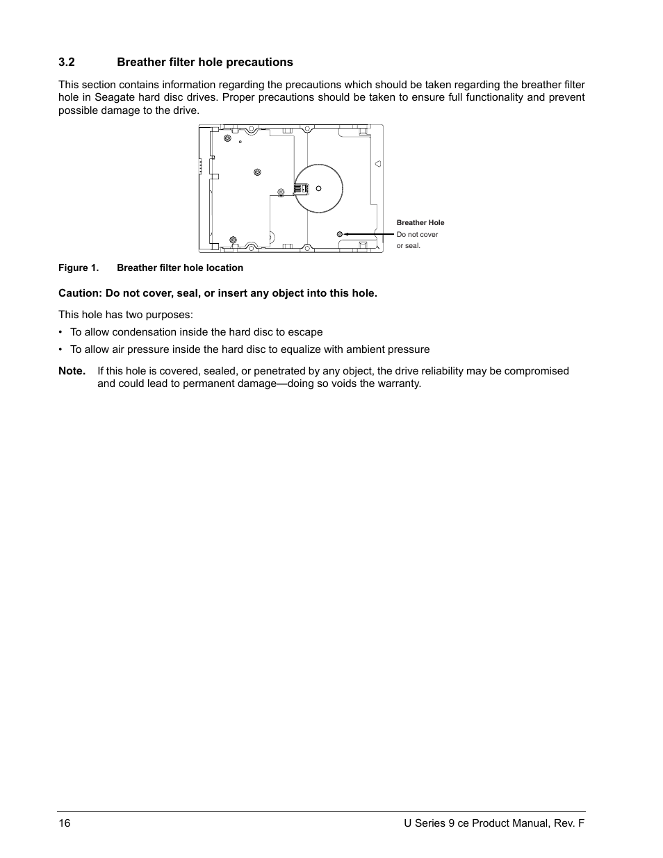 2 breather filter hole precautions, Breather filter hole precautions, Figure 3 | Breather filter hole location | Seagate U Series 9 CE User Manual | Page 26 / 52