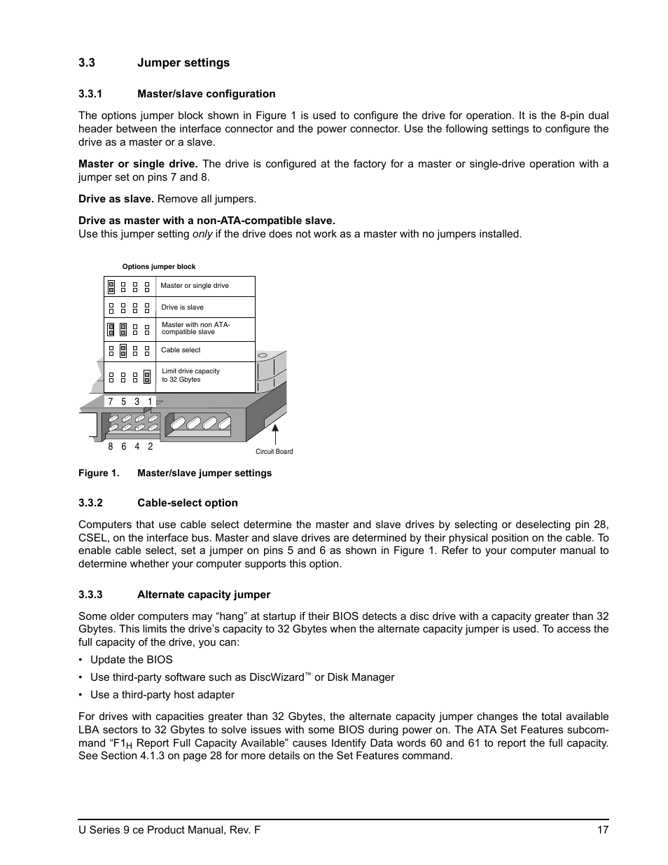 3 jumper settings, 1 master/slave configuration, 2 cable-select option | 3 alternate capacity jumper, Jumper settings 3.3.1, Master/slave configuration, Cable-select option, Alternate capacity jumper, Figure 4, Master/slave jumper settings | Seagate U Series 9 CE User Manual | Page 27 / 52