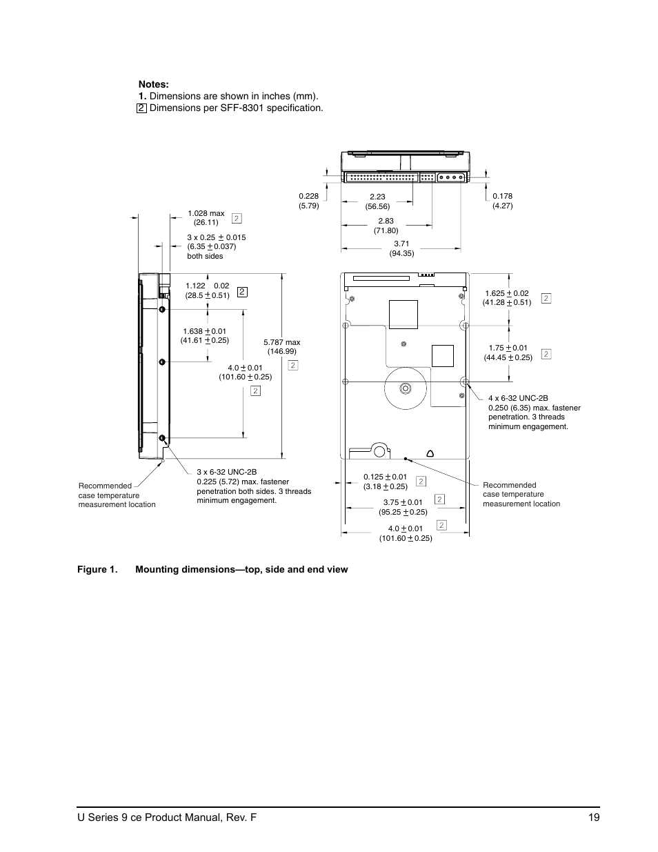 Figure 6, Mounting dimensions—top, side and end view, U series 9 ce product manual, rev. f 19 | Seagate U Series 9 CE User Manual | Page 29 / 52