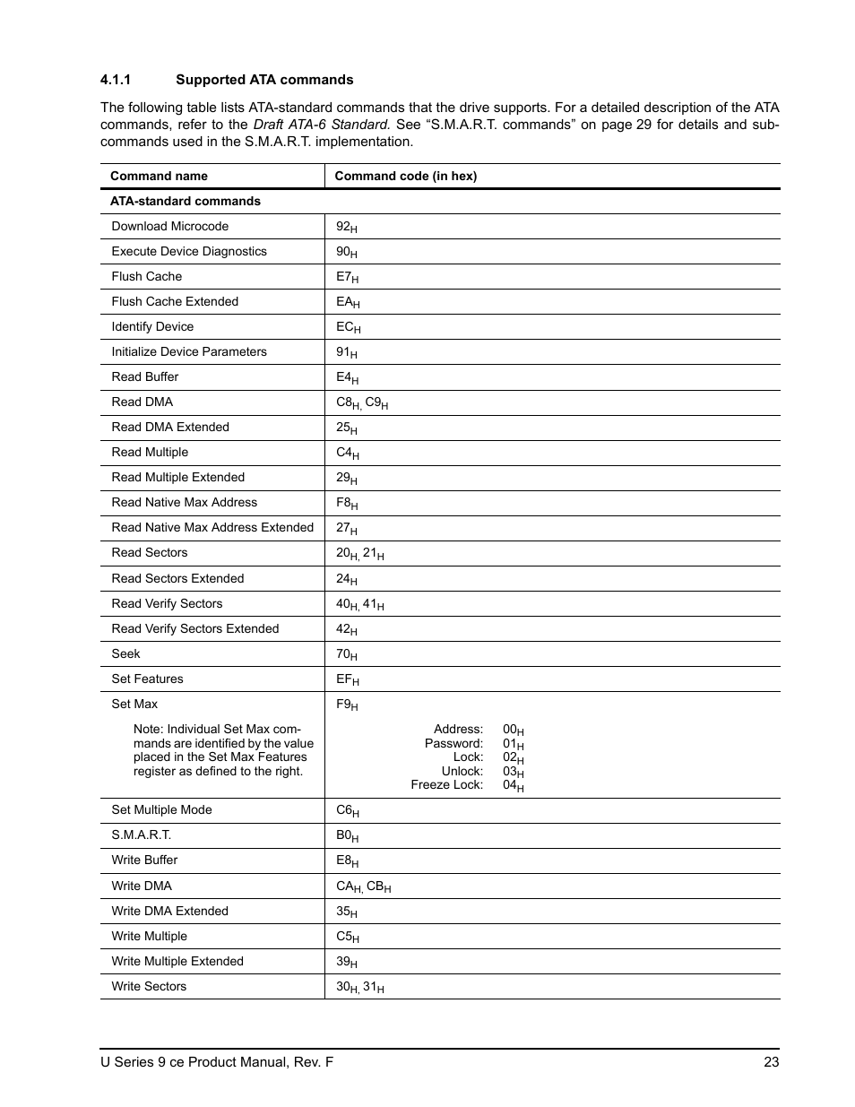1 supported ata commands, Supported ata commands | Seagate U Series 9 CE User Manual | Page 33 / 52