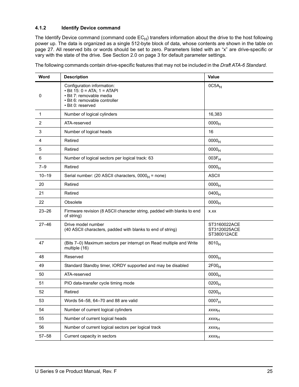 2 identify device command, Identify device command | Seagate U Series 9 CE User Manual | Page 35 / 52