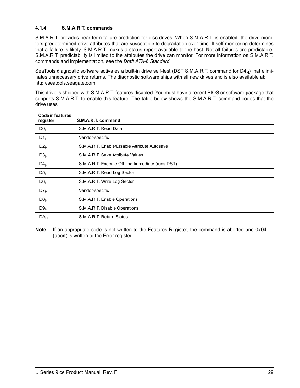 4 s.m.a.r.t. commands, S.m.a.r.t. commands | Seagate U Series 9 CE User Manual | Page 39 / 52