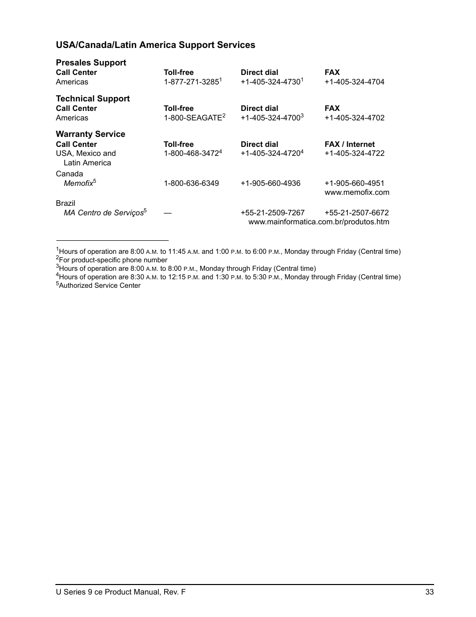Usa/canada/latin america support services | Seagate U Series 9 CE User Manual | Page 43 / 52