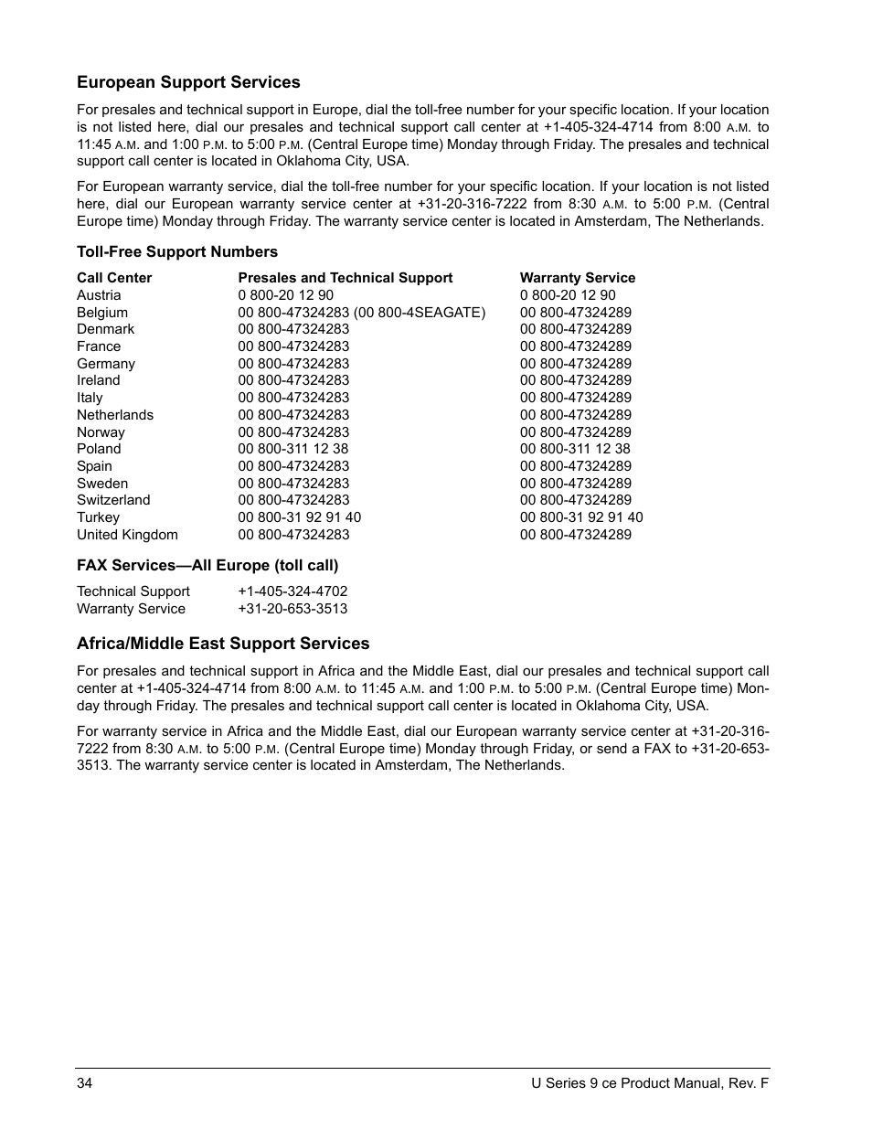 European support services, Africa/middle east support services | Seagate U Series 9 CE User Manual | Page 44 / 52
