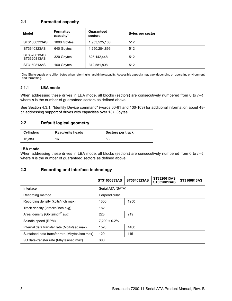 1 formatted capacity, 1 lba mode, 2 default logical geometry | 3 recording and interface technology | Seagate BARRACUDA 7200.11 User Manual | Page 14 / 46