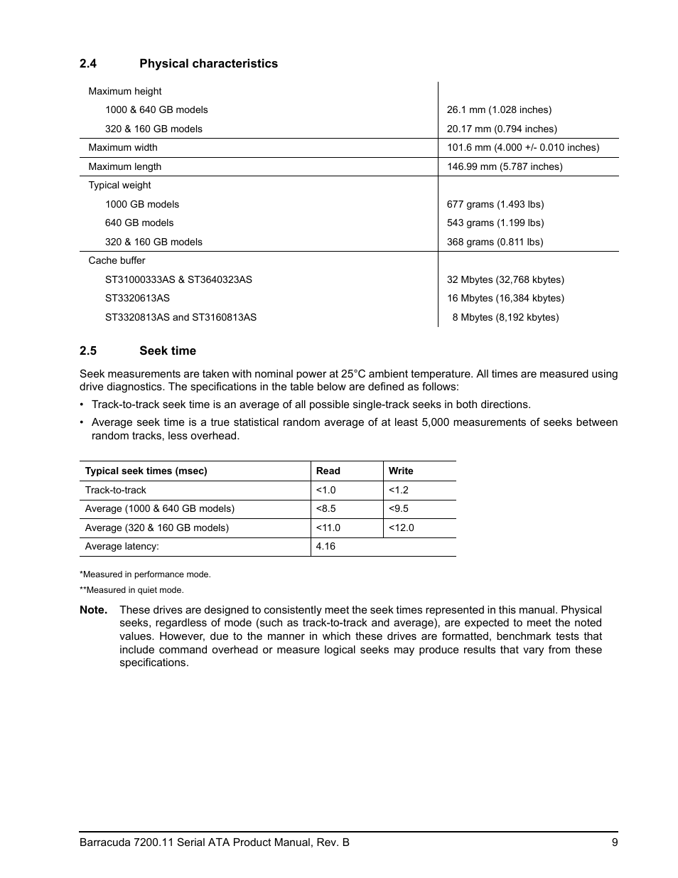 4 physical characteristics, 5 seek time | Seagate BARRACUDA 7200.11 User Manual | Page 15 / 46