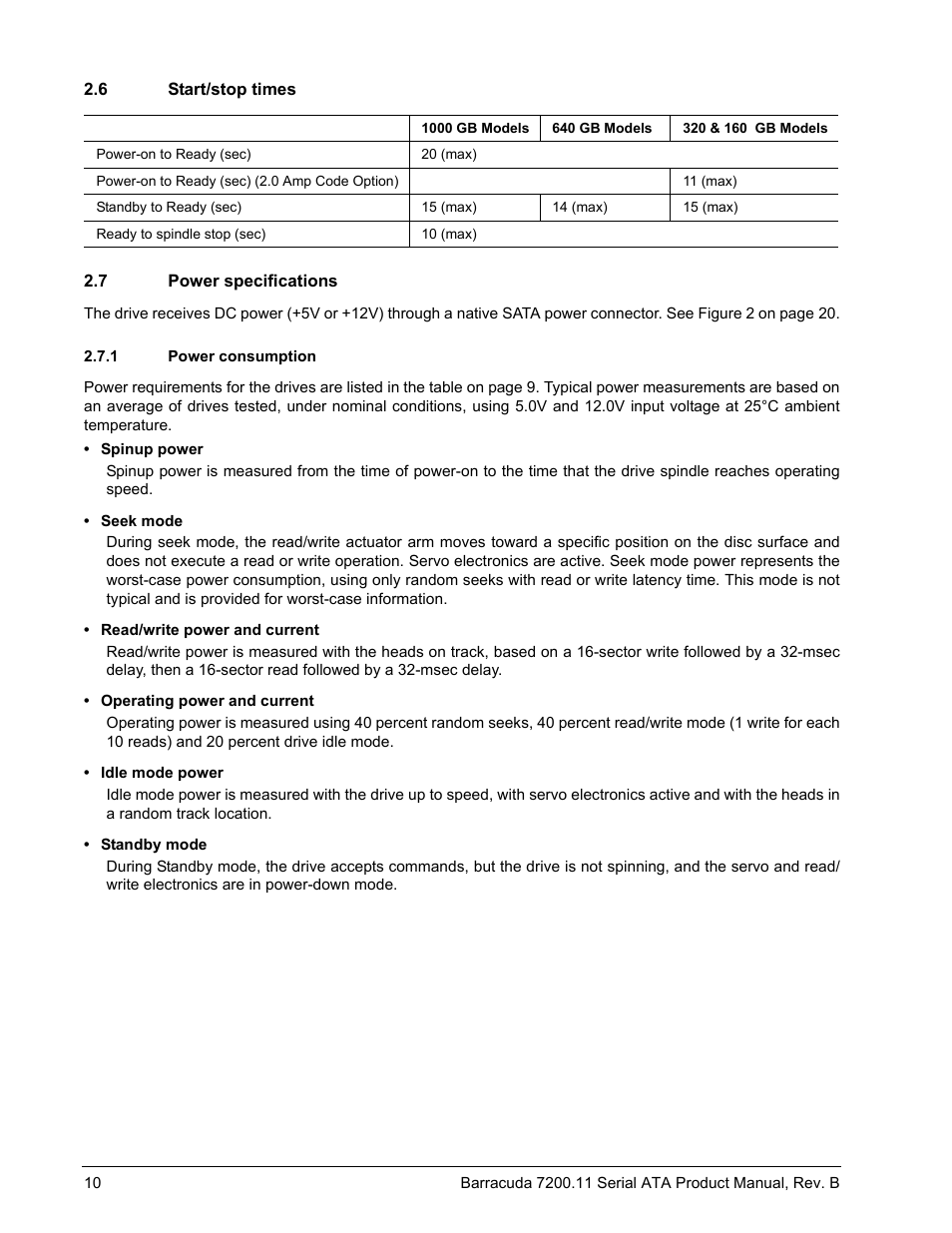 6 start/stop times, 7 power specifications, 1 power consumption | Seagate BARRACUDA 7200.11 User Manual | Page 16 / 46