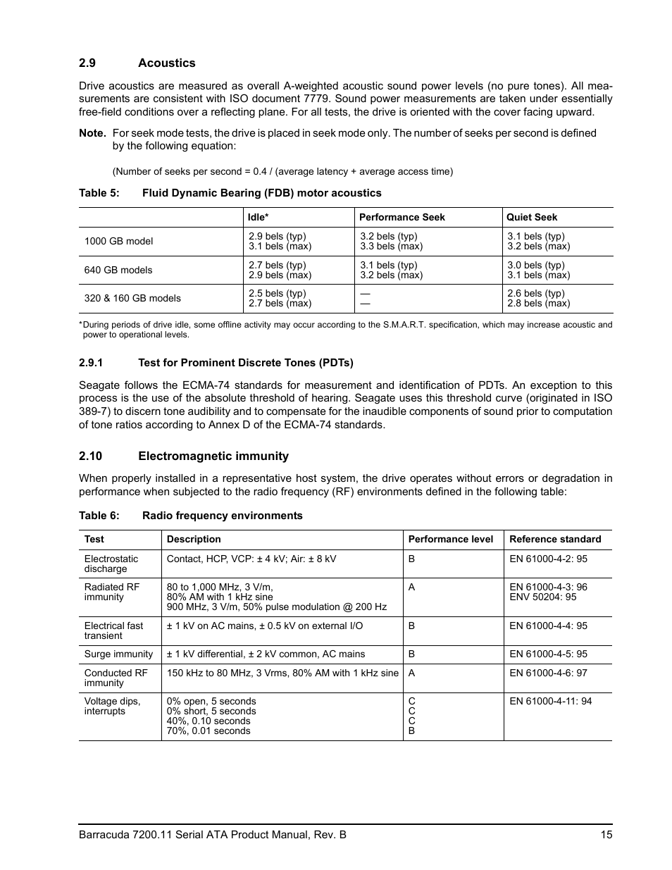 9 acoustics, 1 test for prominent discrete tones (pdts), 10 electromagnetic immunity | Seagate BARRACUDA 7200.11 User Manual | Page 21 / 46