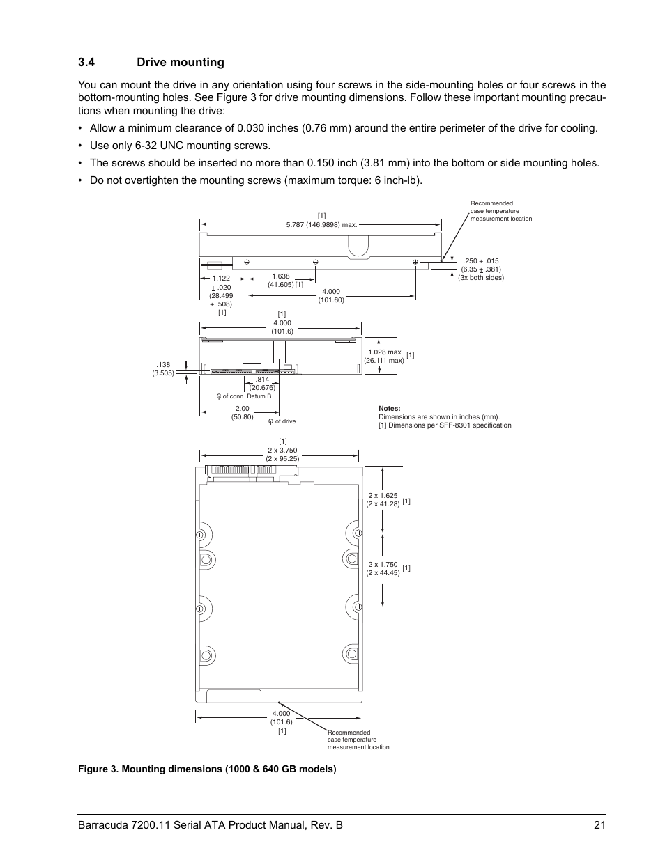 4 drive mounting, Figure 3, Mounting dimensions (1000 & 640 gb models) | Seagate BARRACUDA 7200.11 User Manual | Page 27 / 46