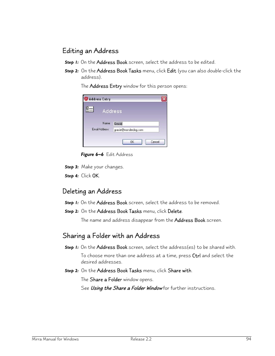 Editing an address, Deleting an address, Sharing a folder with an address | Seagate Server User Manual | Page 102 / 149