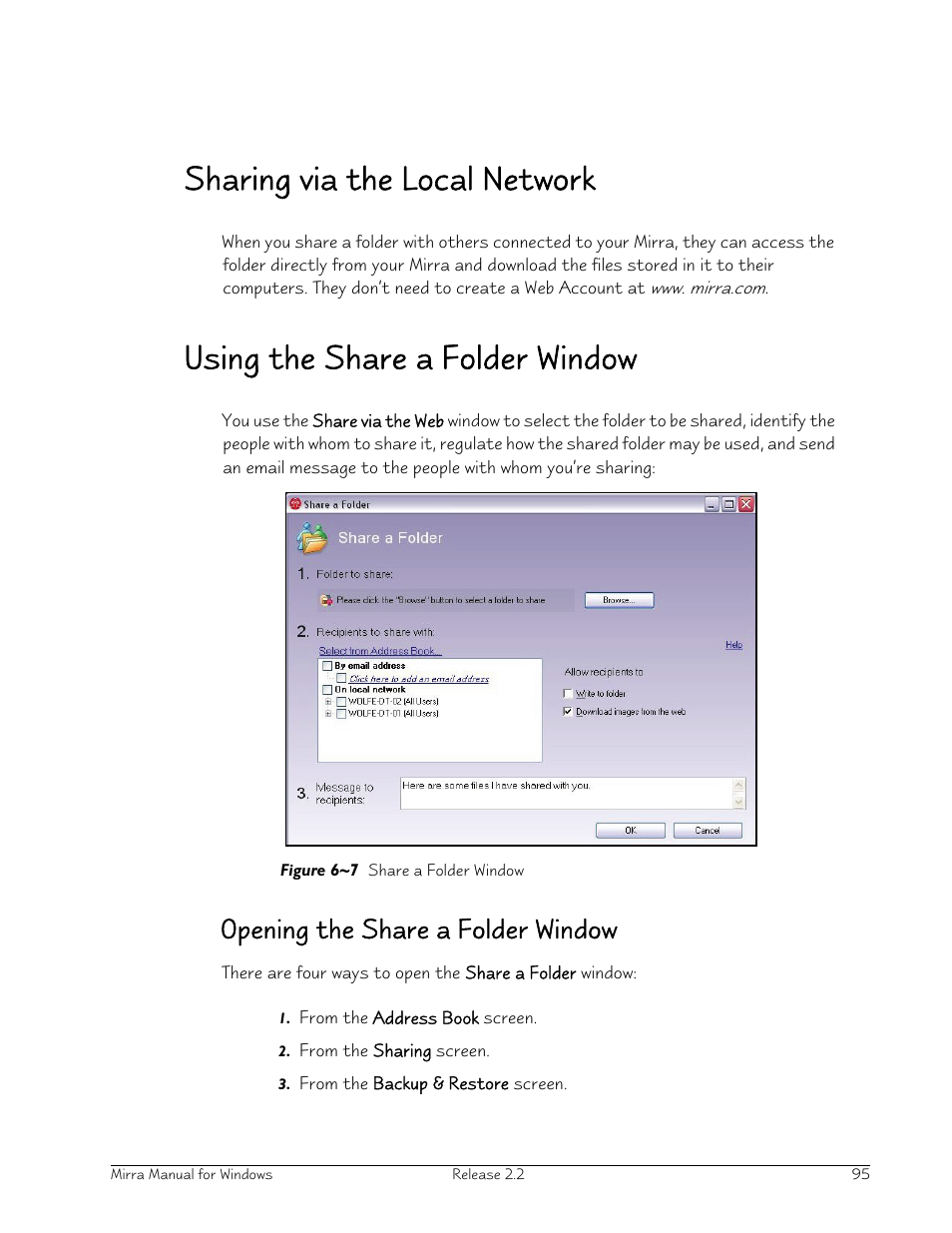 Sharing via the local network, Using the share a folder window, Opening the share a folder window | Seagate Server User Manual | Page 103 / 149