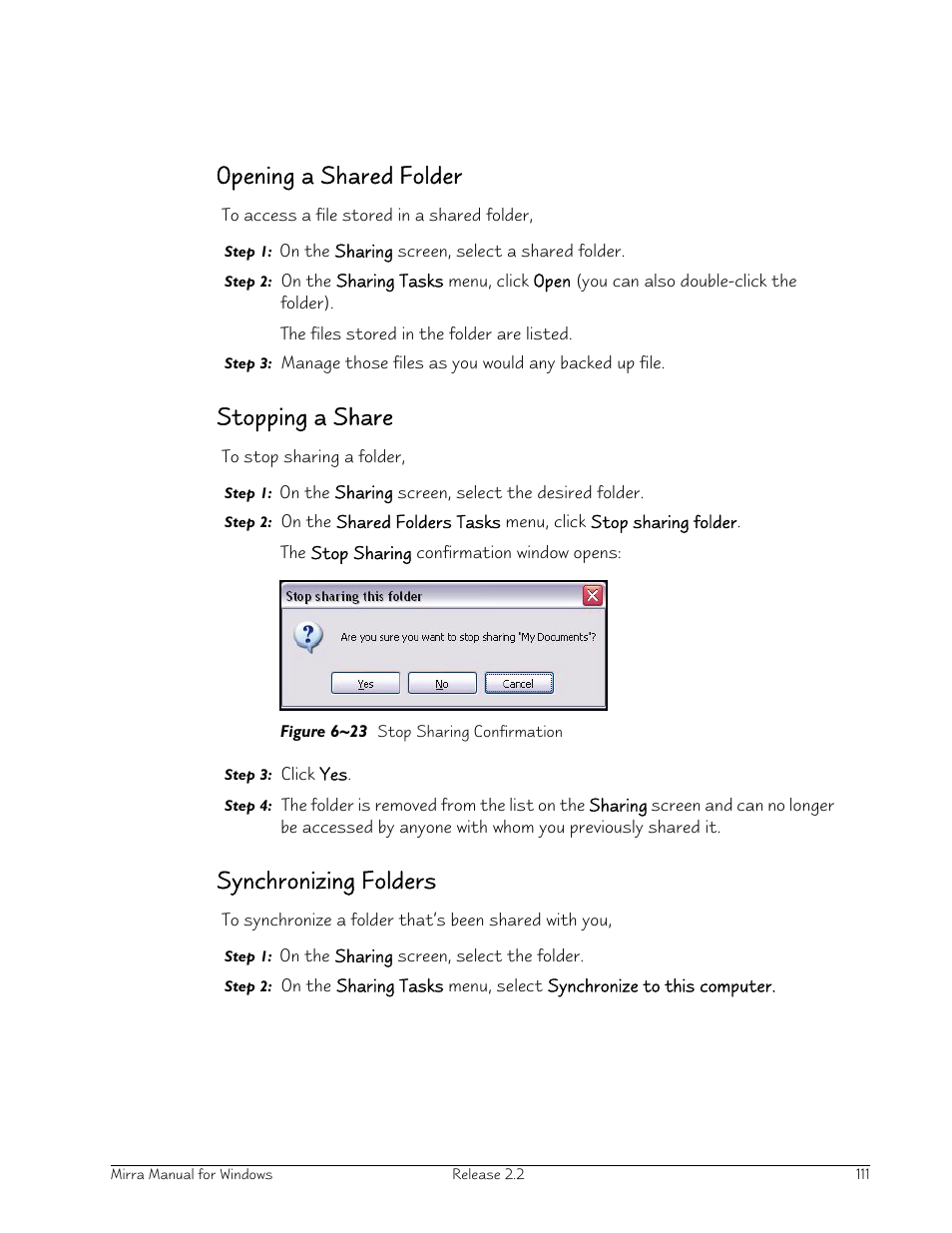 Opening a shared folder, Stopping a share, Synchronizing folders | Seagate Server User Manual | Page 119 / 149